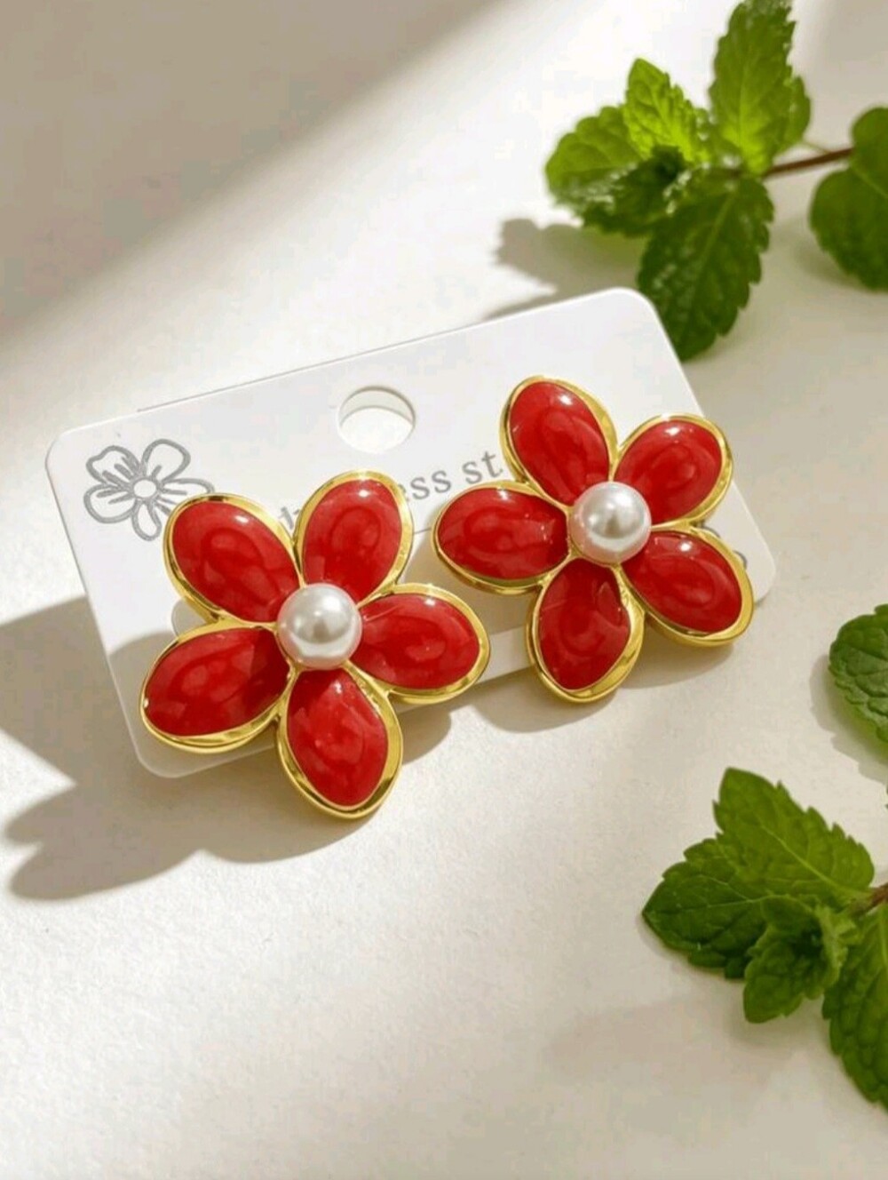Red Flower Pearl Center Statement Earrings
